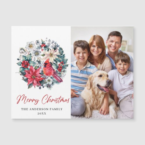 Holly Berry Cardinal Merry Christmas Magnetic Card