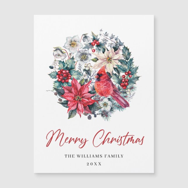 Holly Berry Cardinal Merry Christmas Magnetic Card (Front)