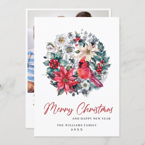 Holly Berry Cardinal Poinsettia Christmas Greeting Holiday Card