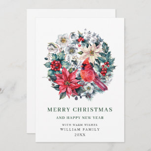 Holly Berry Cardinal Poinsettia Christmas Greeting Holiday Card