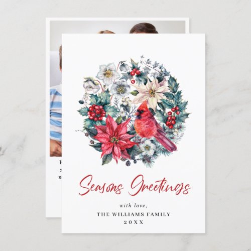 Holly Berry Cardinal Poinsettia Christmas Greeting Holiday Card