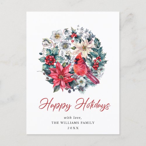 Holly Berry Cardinal Poinsettia Christmas Greeting Postcard