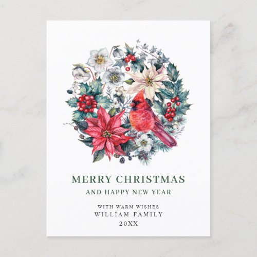 Holly Berry Cardinal Poinsettia Christmas Greeting Postcard