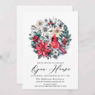 Holly Berry Cardinal Vintage Holiday Open House Invitation