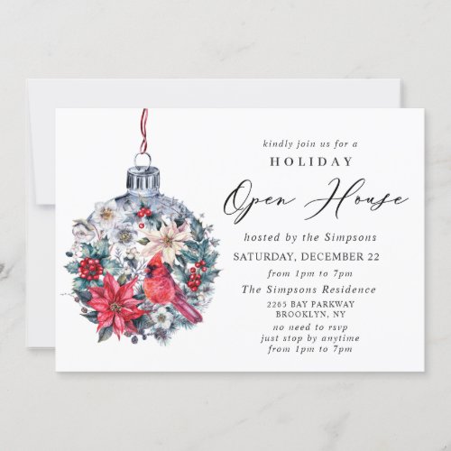 Holly Berry Cardinal Vintage Holiday Open House Invitation
