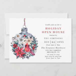 Holly Berry Cardinal Vintage Holiday Open House Invitation