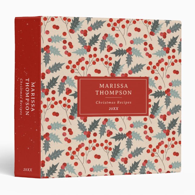 Holly Berry Christmas Botanical Pattern 3 Ring Binder (Front/Spine)