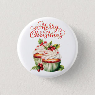 Holly Berry Christmas Cupcake Button