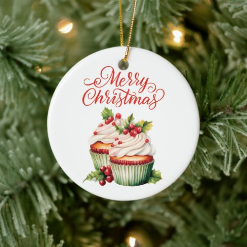 Holly Berry Christmas Cupcake Ceramic Ornament