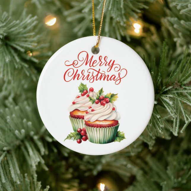 Holly Berry Christmas Cupcake Ceramic Ornament (Tree)