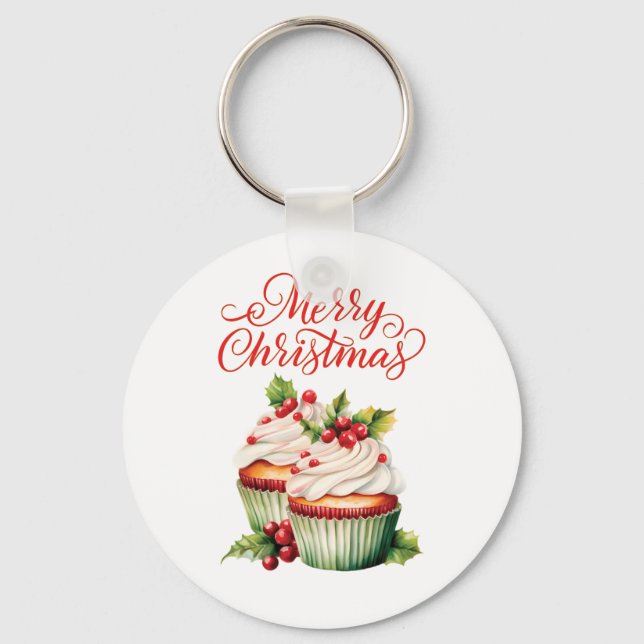 Holly Berry Christmas Cupcake Keychain (Front)