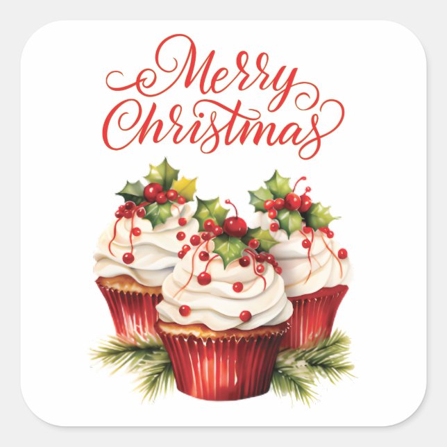 Holly Berry Christmas Cupcake Square Sticker (Front)