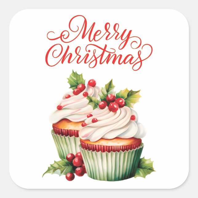 Holly Berry Christmas Cupcake Square Sticker (Front)