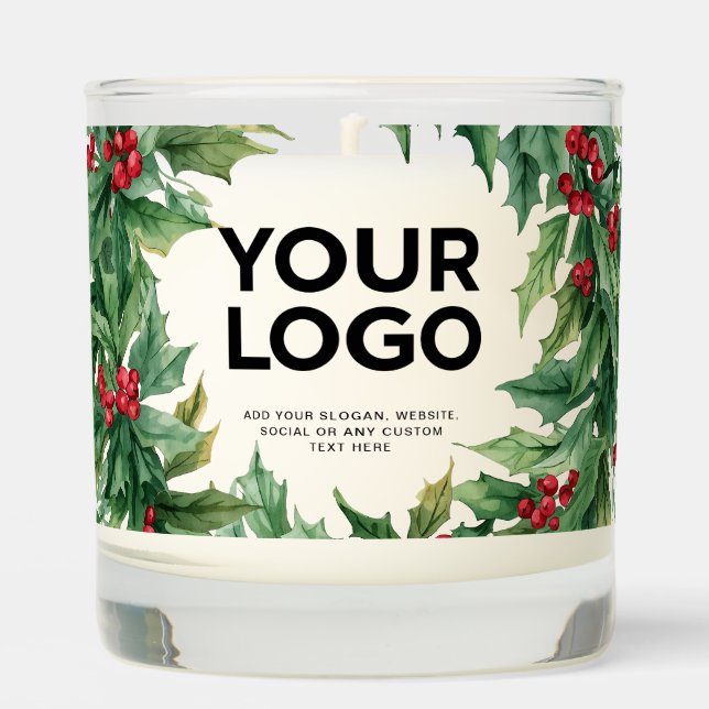 Holly Berry Christmas Custom Business Logo Text Scented Candle (Front)