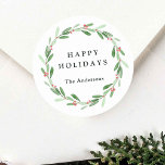 Holly Berry Christmas Holiday Photo Classic Round Sticker<br><div class="desc">Send holiday cheer to your family and friends. This design features watercolor holly berries and mistletoe branches. Matching items are also available.</div>