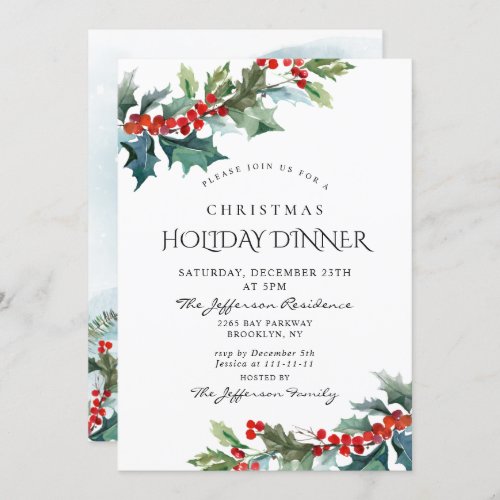 Holly Berry Christmas Mistletoe Holiday Dinner Invitation