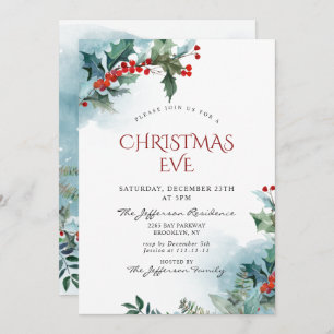 Holly Berry Christmas Mistletoe Holiday EVE Invitation