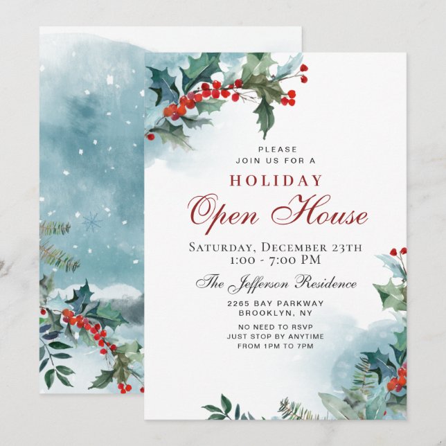 Holly Berry Christmas Mistletoe Holiday OPEN HOUSE Invitation (Front/Back)