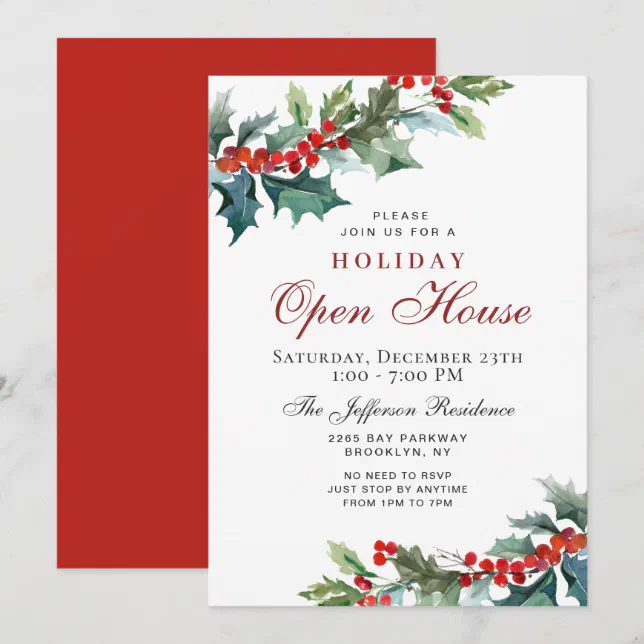Holly Berry Christmas Mistletoe Holiday OPEN HOUSE Invitation | Zazzle