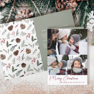 Holly Berry Christmas Modern Three Photo Holiday Card