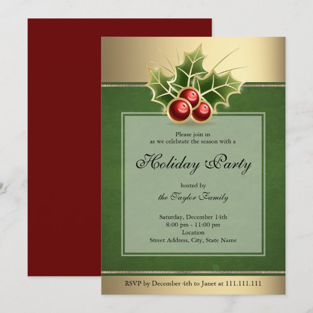 Holly Berry Christmas Party Invitation Green (Front/Back)