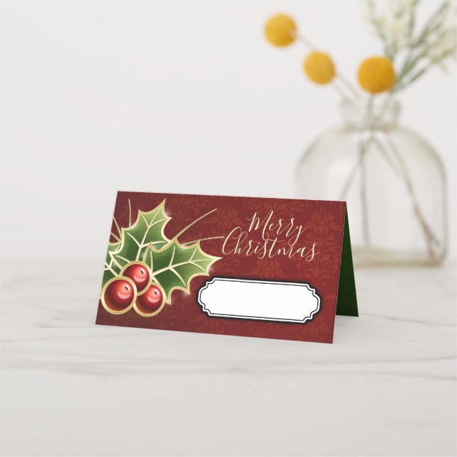 Holly Berry Christmas Party Personalized Red Place Card (Front)