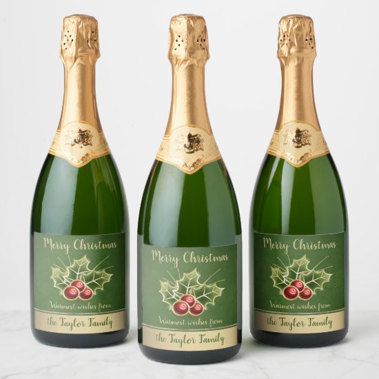 Holly Berry Christmas Personalized Green Champagne Label
