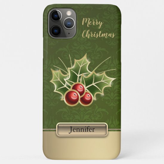 Holly Berry Christmas Personalized green Damask iPhone 11 Pro Max Case