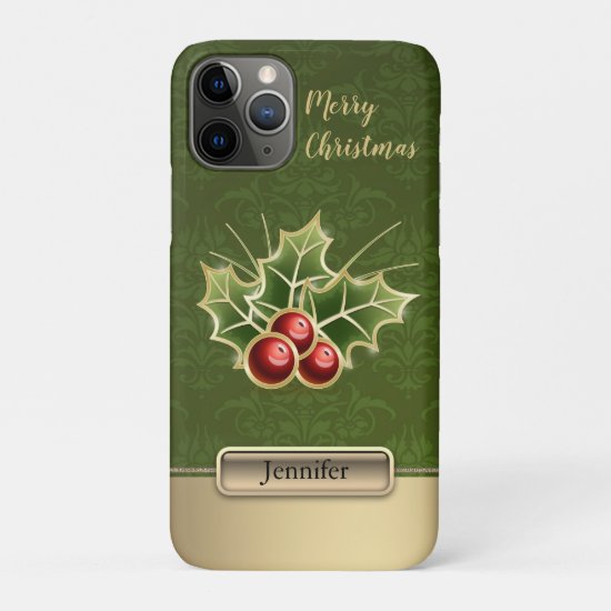 Holly Berry Christmas Personalized green Damask iPhone 11 Pro Case