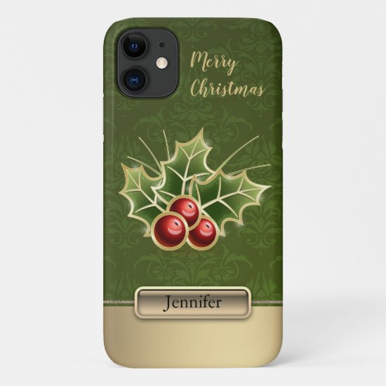 Holly Berry Christmas Personalized green Damask iPhone 11 Case