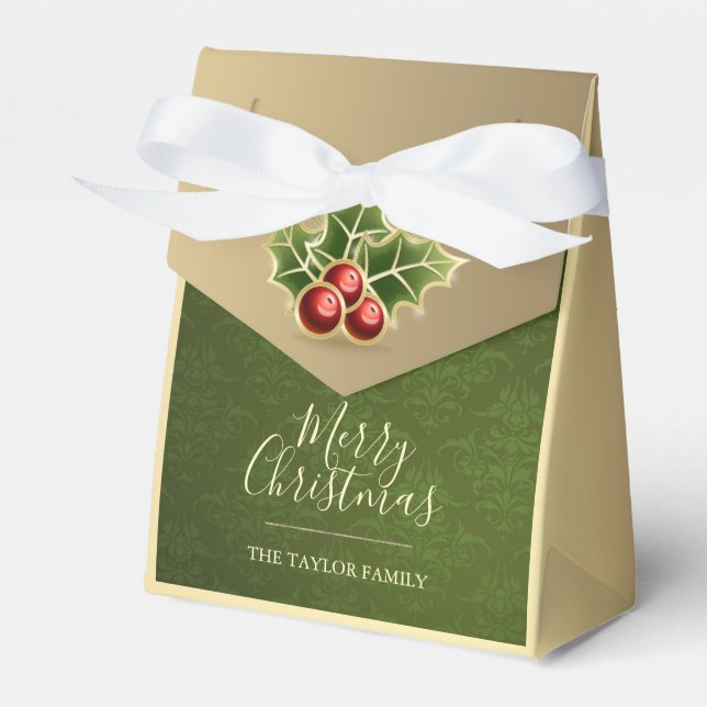 Holly Berry Christmas Personalized Green Damask Favor Boxes (Front Side)