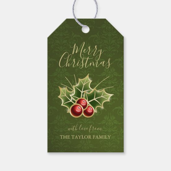 Holly Berry Christmas Personalized Green Damask Gift Tags