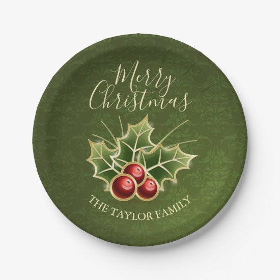 Holly Berry Christmas Personalized Green Damask Paper Plate