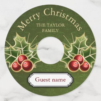 Holly Berry Christmas Personalized Green Damask