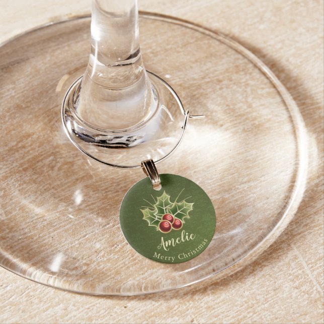 Holly Berry Christmas Personalized Green Wine Charm (In Situ)