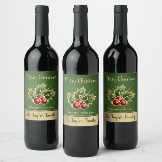 Holly Berry Christmas Personalized Green Wine Label