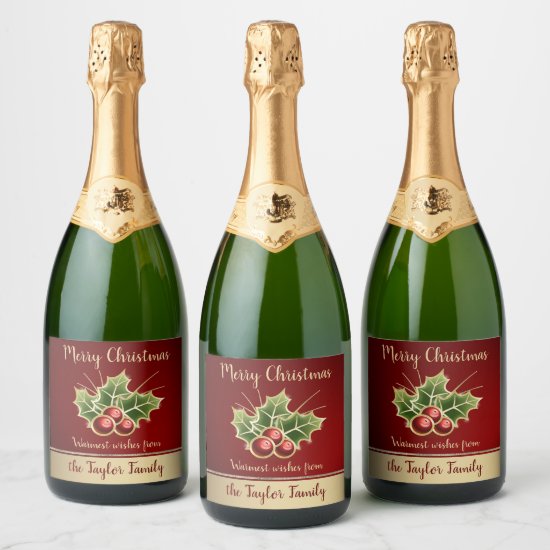 Holly Berry Christmas Personalized Red Champagne Label
