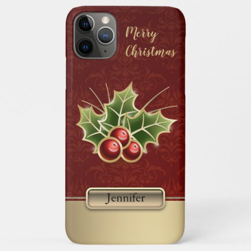 Holly Berry Christmas Personalized Red Damask iPhone 11 Pro Max Case