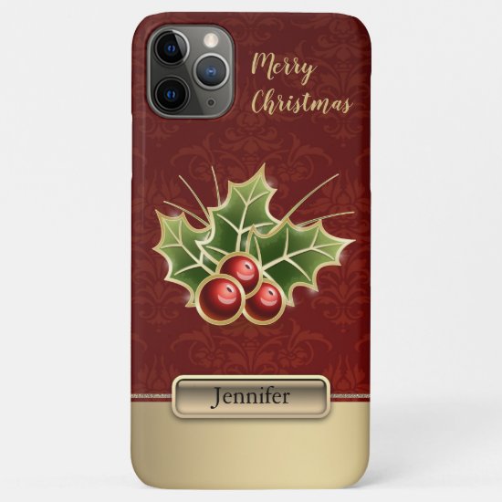 Holly Berry Christmas Personalized Red Damask iPhone 11 Pro Max Case