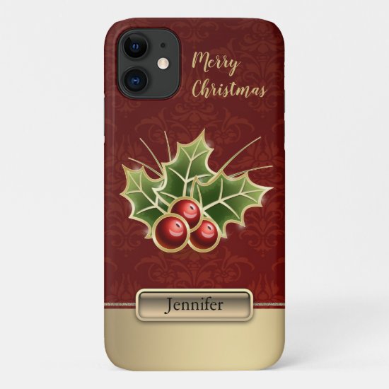 Holly Berry Christmas Personalized Red Damask iPhone 11 Case