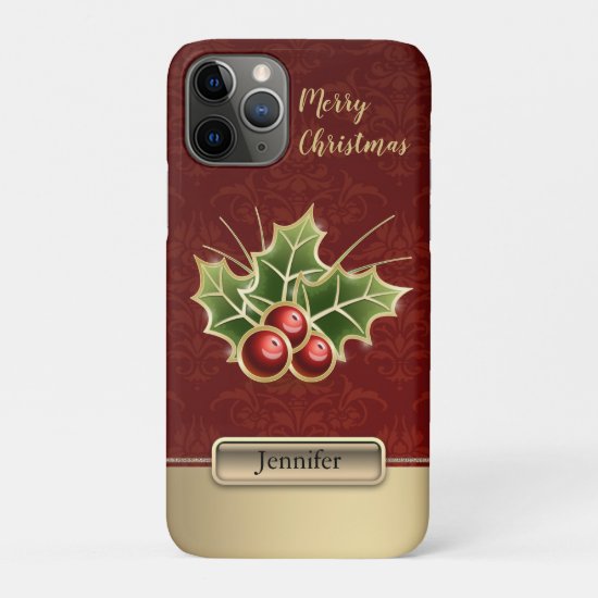 Holly Berry Christmas Personalized Red Damask iPhone 11 Pro Case