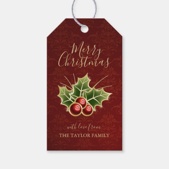 Holly Berry Christmas Personalized Red Damask Gift Tags