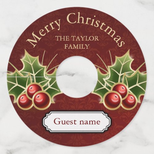 Holly Berry Christmas Personalized Red Damask Wine Glass Tag