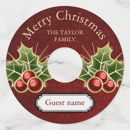 Holly Berry Christmas Personalized Red Damask Wine Glass Tag