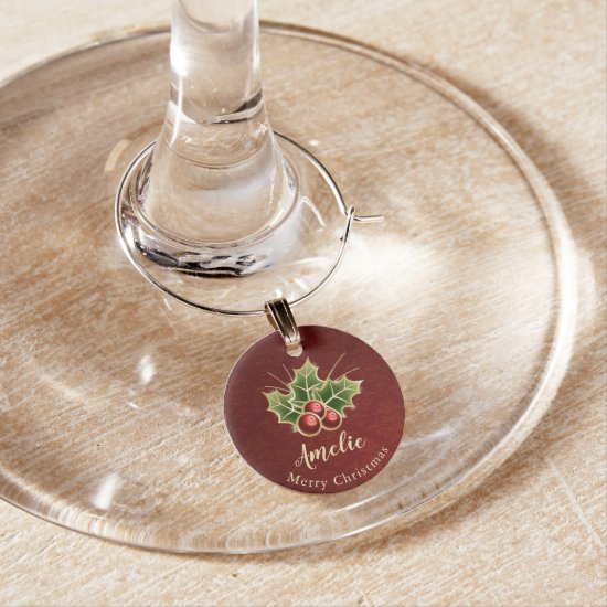 Holly Berry Christmas Personalized Red Wine Charm