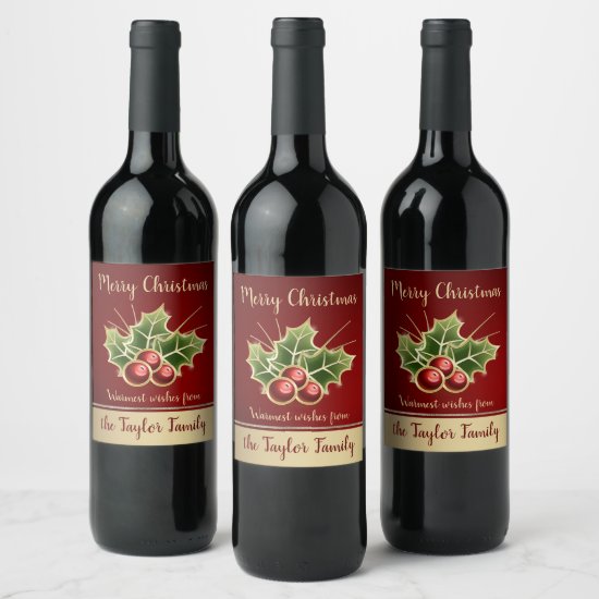 Holly Berry Christmas Personalized Red Wine Label