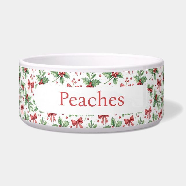 Holly Berry Christmas Pet Name Ceramic Dog/Cat  Bowl (Front)