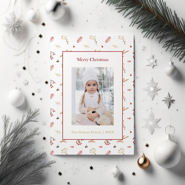 Holly Berry Christmas Photo Card (Red Mistletoe and custom photo Christmas card sorrounded by white and silver Christmas ornaments)
