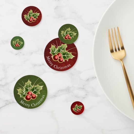Holly Berry Christmas Red-Green Damask Pattern Confetti