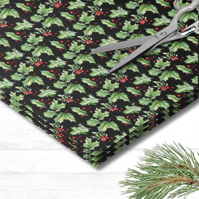 Holly Berry Christmas Tissue Paper (Modern Festive Black Holly Berries Christmas Tissue Paper)